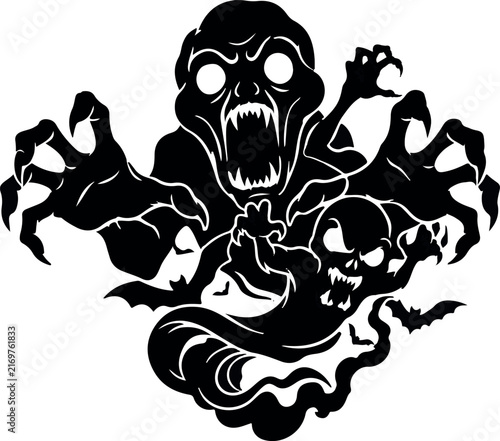 A scary black and white illustration of a terrifying ghost monster with sharp claws and glowing eyes reaching out in a dark spooky atmosphere design