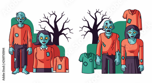 Cartoon Zombies in Orange Clothes Near Trees