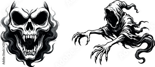 A detailed black and white illustration featuring a menacing skull and a ghostly hooded figure with clawed hands reaching out in a dark scary style
