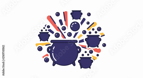Witch cauldron with potion ingredients and magic bubbles