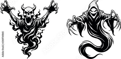 Set of two black and white illustrations featuring a scary horned demon and a hooded phantom spirit isolated on a plain white background for design