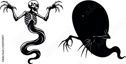 A vintage black and white illustration featuring a spooky skeleton ghost with a long tail and a mysterious dark shadowy creature with clawed hands isolated
