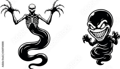 Black and white ink illustrations of scary supernatural creatures featuring a skeletal ghost with a long tail and a menacing dark spirit with sharp teeth