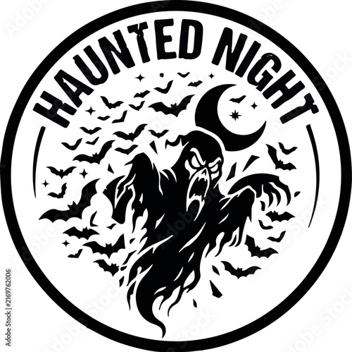 A vintage style circular emblem featuring a spooky ghost creature with a crescent moon and a swarm of bats for a haunted night halloween theme