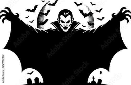 A black and white illustration of a scary vampire standing with arms outstretched and a large cape in front of a full moon and bats