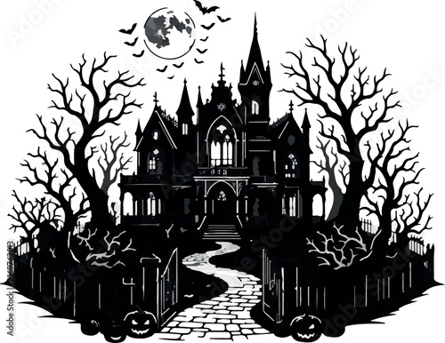 A detailed black and white illustration of a spooky haunted mansion with bare trees a winding path and flying bats under a full moon night