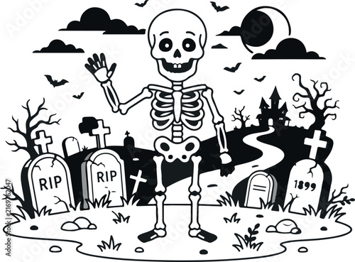 A friendly skeleton waving hello in a spooky graveyard at night with a full moon and haunted castle in the background black and white illustration