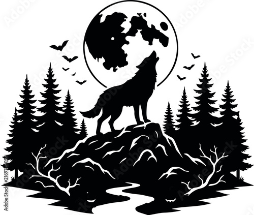 A black and white vector illustration featuring a lone wolf howling at a large full moon standing on a rocky cliff surrounded by pine trees