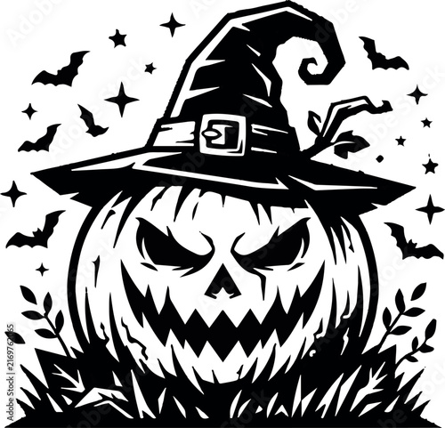 A spooky black and white illustration of a carved jack o lantern pumpkin wearing a witch hat surrounded by many flying bats and bright magical
