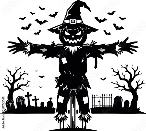 A spooky black and white illustration of a creepy scarecrow with a pumpkin head wearing a witch hat standing in a graveyard with flying bats