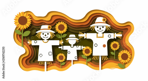 Scarecrow Family in Sunflower Field Illustration