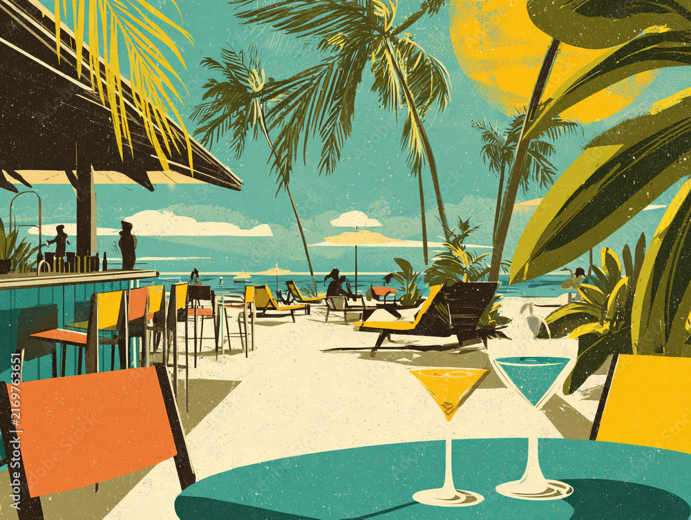 Naklejka premium Retro poster of a sunny beach bar with vibrant cocktails, palm trees, white sand, and turquoise ocean water under warm sunlight.