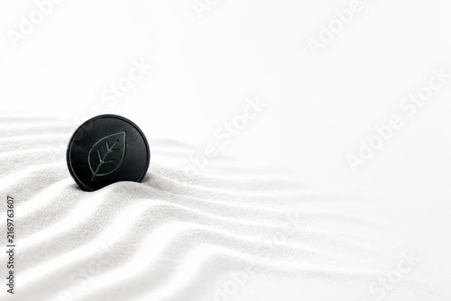 A black coin with a green leaf icon stands upright on smooth, rippled white sand under soft lighting.