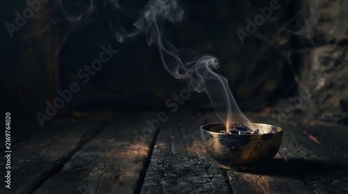 Incense smoke rising from brass bowl on wooden surface, creating