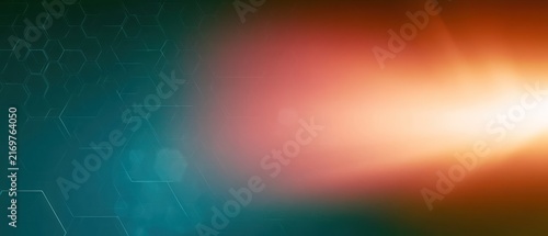 Abstract digital background with blue hexagons and orange light leak