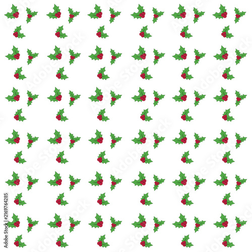 Seamless pattern with Christmas holly leaves and red berries, festive winter holiday vector background