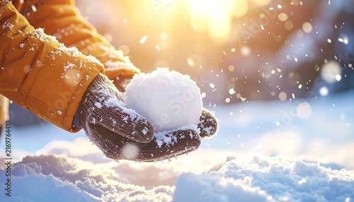 Childs Hands Holding Snowball in Winter Snowfall with Sunlight.
