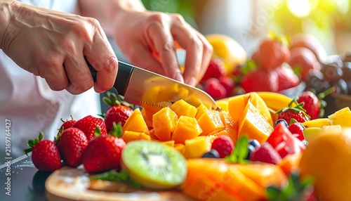Close up of hands slicing fresh fruit salad with strawberries kiwi mango and blueberries.
