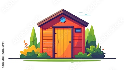 Colorful cartoon wooden house with garden and flowers.
