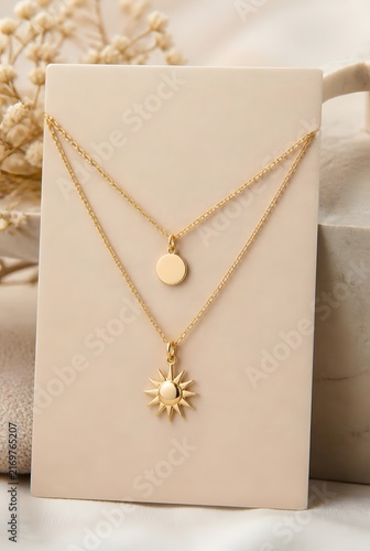 Elegant Layered Thin Gold Necklaces with Sun and Disc Pendants Displayed on White Card with Neutral Background
