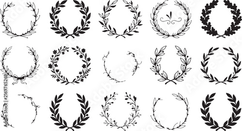 Doodle set of floral wreaths, hand drawn vector icons, black outline illustration for design and decoration concept.
