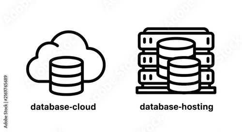 Plakat Database cloud and database hosting line icons set isolated on white background with cloud computing server rack data storage cloud icon database
