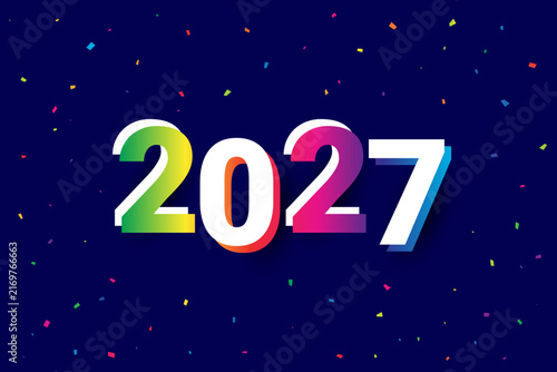 Colorful 2027 Lettering Text with Confetti falling on Dark Blue Background. Vector Illustration 