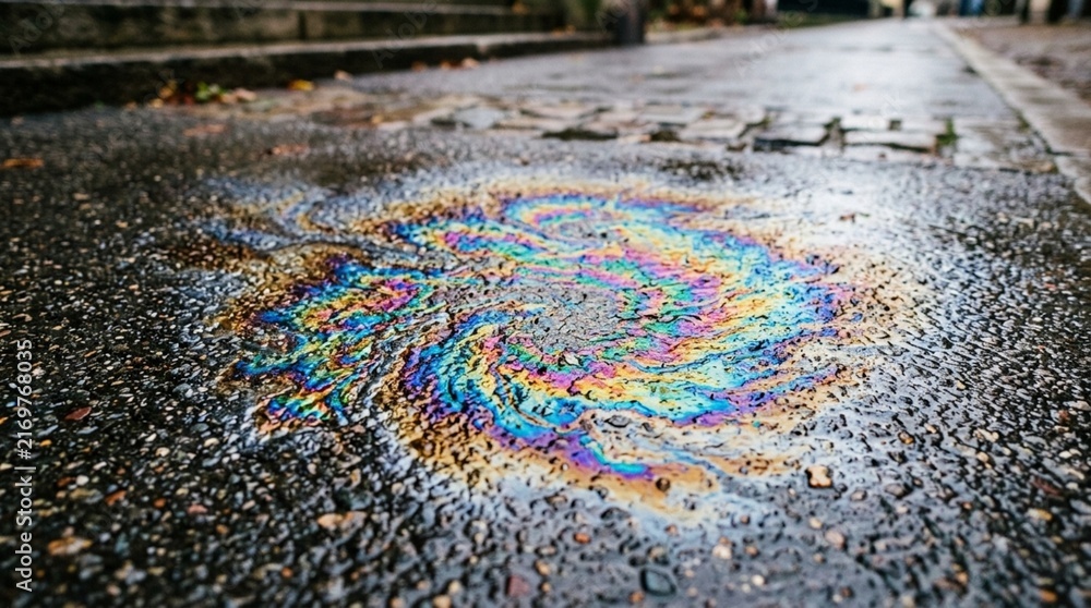 Fototapeta premium Iridescent Oil Slick on Wet Asphalt Pavement, Rainbow Colors