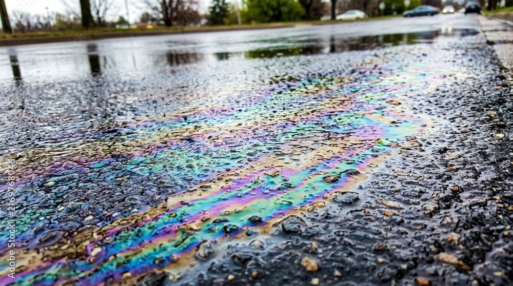 Fototapeta premium Iridescent Oil Slick on Wet Asphalt Road Surface
