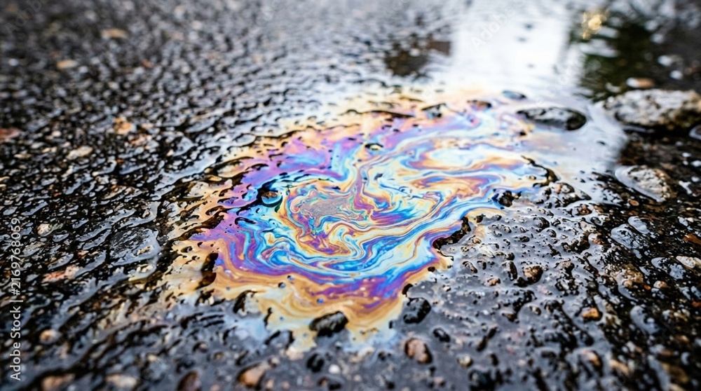 Naklejka premium Iridescent Oil Slick on Wet Asphalt Surface