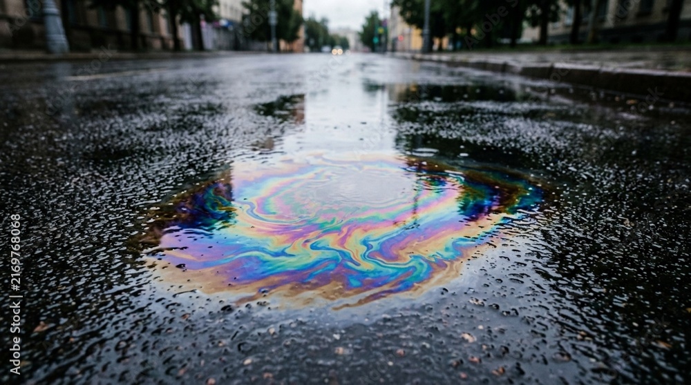 Fototapeta premium Iridescent Oil Slick on Wet Asphalt Street Reflecting Sky