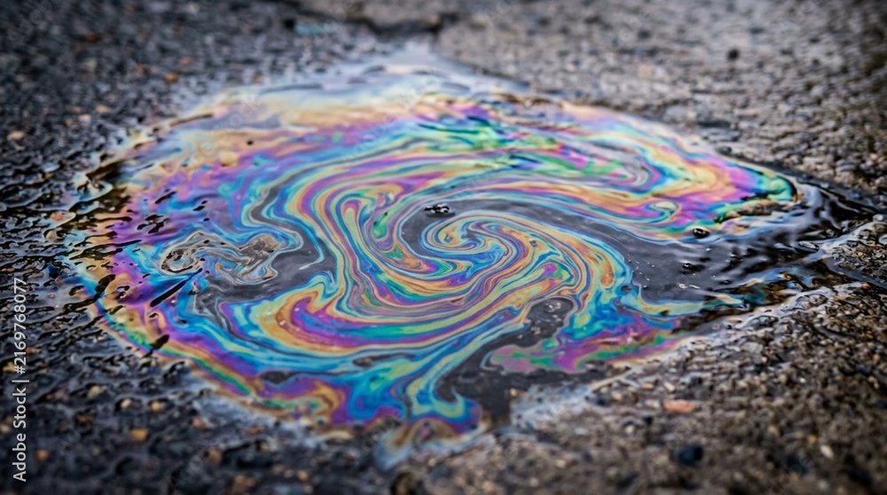 Naklejka premium Iridescent Oil Slick Swirl in Puddle on Asphalt