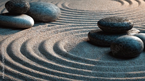 Pebbles artfully arranged on textured sand with concentric patterns. Warm light accentuates the serene, zen-inspired scene