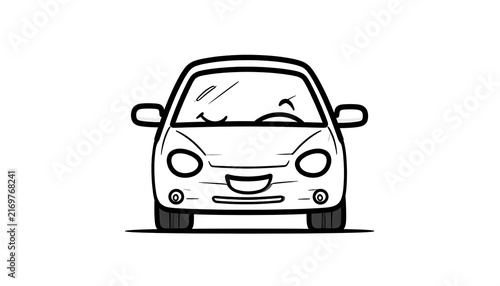 Cartoon face of a happy car with eyes and smile.