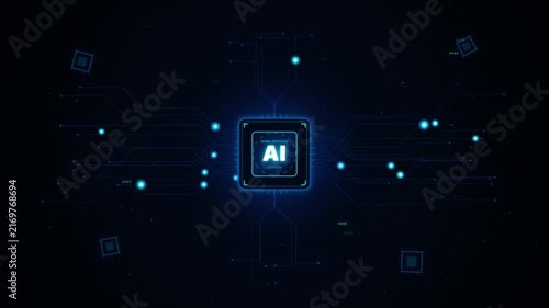 Artificial intelligence processor chip concept with glowing digital circuitry data flow animation