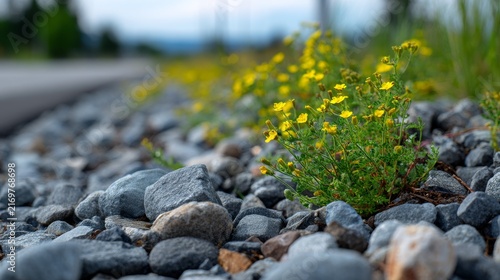 Low-angle close-up of vibrant yellow wildflowers blooming amongst grey gravel beside a blurred road, soft focus