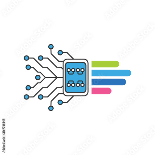 Data Processing Chip Circuit Line And Bar Charts Flat Illustration