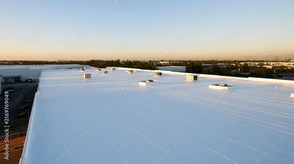 Obraz premium A large white roof of a commercial building with ventilation units under a clear sky during sunrise or sunset