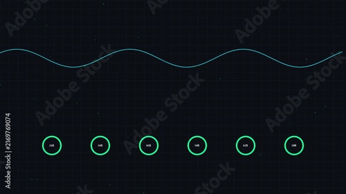 Digital data analytics dashboard with animated sine wave and percentage loading progress circles