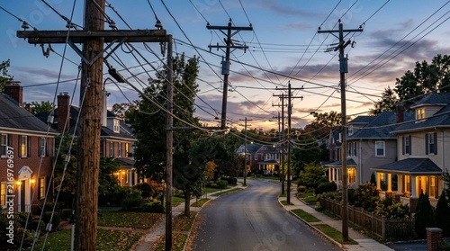 Suburban Street with Power Lines at Dusk