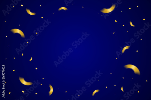 Many Falling Golden Confetti Falling on Blue Background. Festive Celebrations. Vector Illustration
