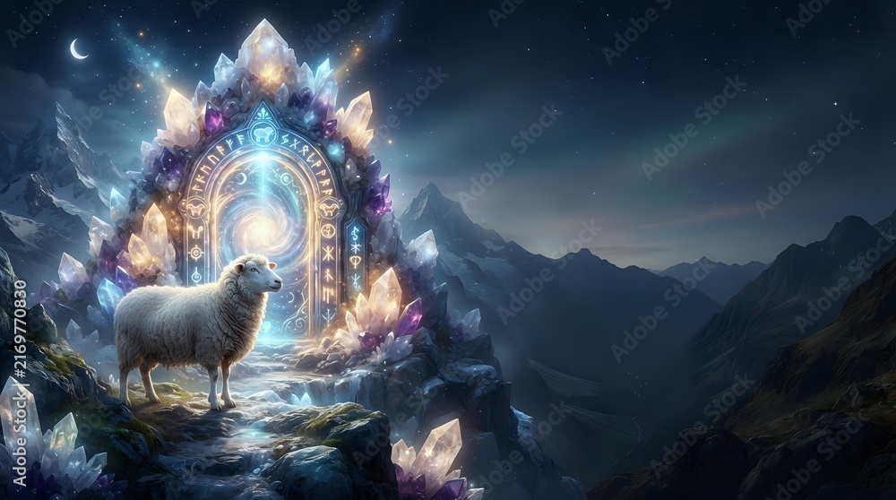 Obraz premium White llama standing before glowing mystical portal with crystalline