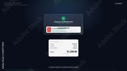 User uploading tax exemption certificate digital checkout interface, for automated financial compliance, document verification, business accounting, online payment processing, tax savings