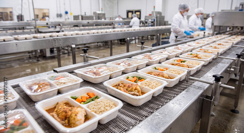 Industrial automated conveyor line packaging prepared lunch boxes and healthy ready to eat meals with chicken and vegetables in food factory