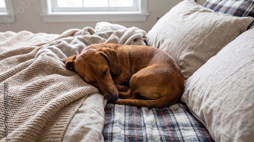 Foto Brown dog sleeping on bed with cozy blankets and pillows in bright room