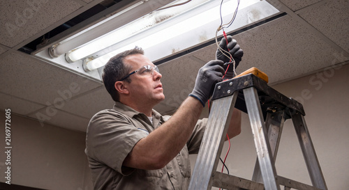 A skilled male maintenance technician standing on an aluminum stepladder inspects electrical wiring and lighting fixtures inside a suspended office ceiling