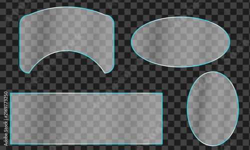 Set of transparent frosted glass shapes with soft edges isolated on a dark checkered background