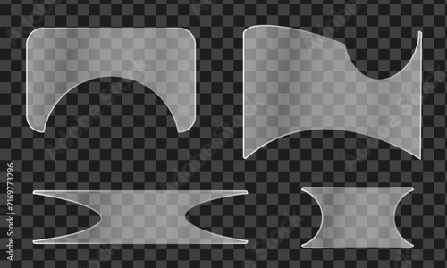 Set of four abstract geometric glass shapes with soft edges isolated on a dark transparent background