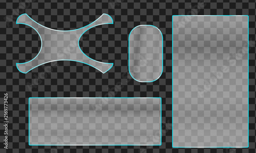 Set of frosted glass geometric shapes isolated on a dark transparent background for web design elements