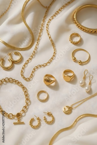 Flat Lay of Assorted Gold Jewelry Collection Including Chains Rings Earrings and Bracelets on Cream Silk Fabric